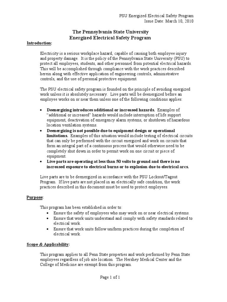 PSU Energized Electrical Safety Program | PDF | Personal Protective ...