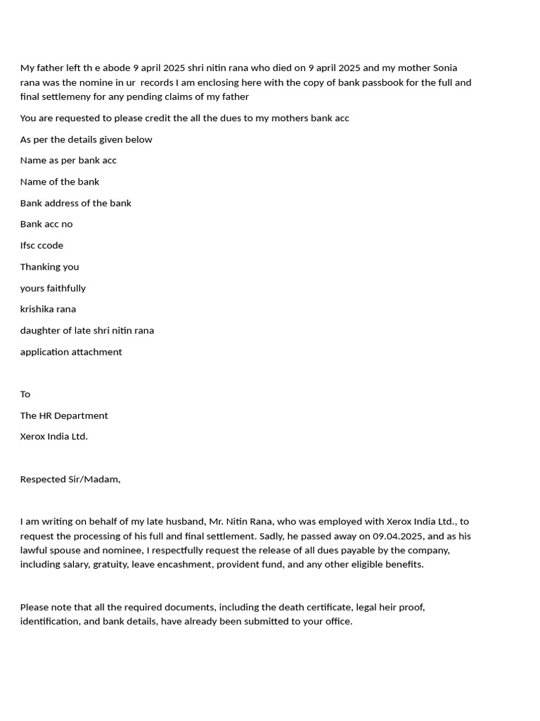 Final Settlement Request for Nitin Rana | PDF