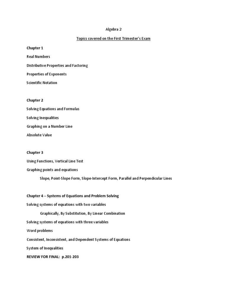 Algebra 2 First Trimester Exam Review | PDF | Teaching Methods ...