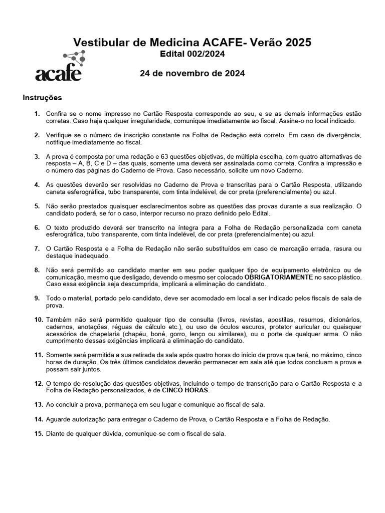 Edital Prova Medicina ACAFE 2025 | PDF | Pulmão | Respiração