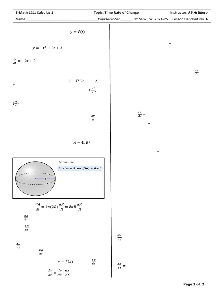 Time and Related Rates in Calculus | PDF | Sphere | Derivative