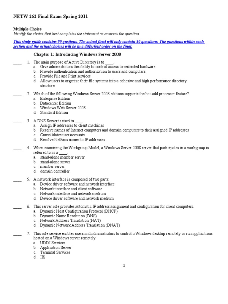 Windows Server 2008 Final Exam Study Guide | PDF | Active Directory ...