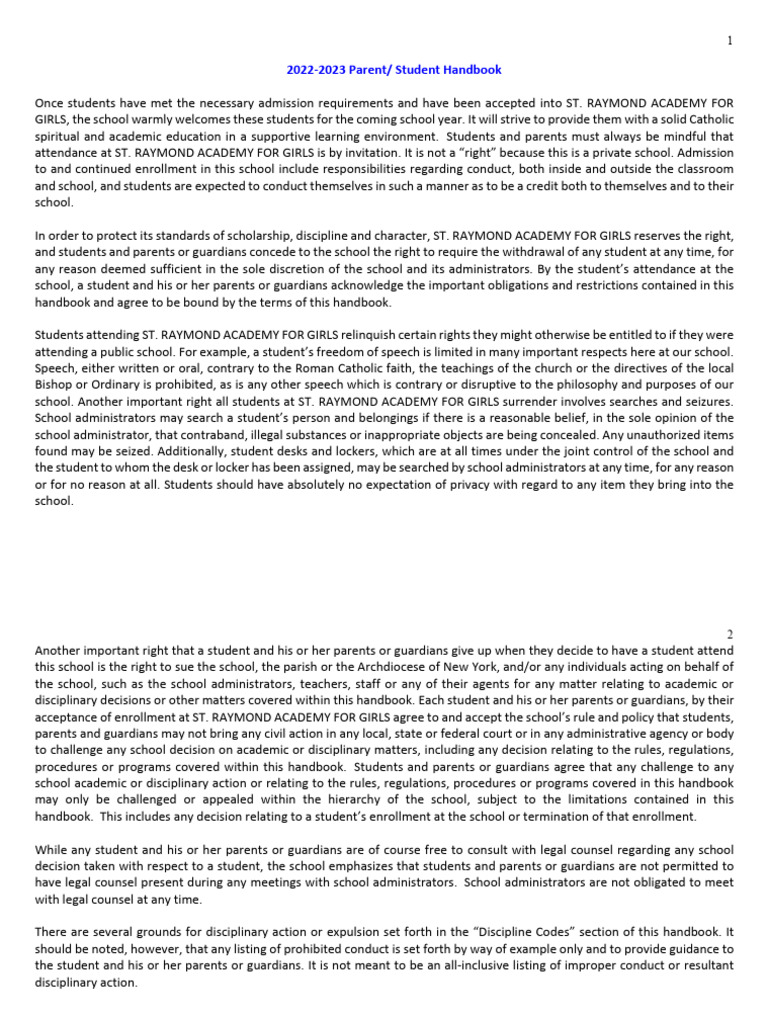 St. Raymond Academy Parent Handbook | PDF | High School Diploma | Schools
