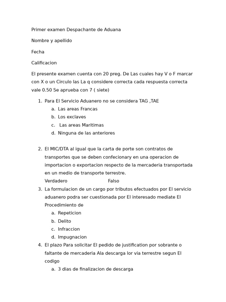 Examen Despachante de Aduana 2025 | PDF | aduana | Justicia