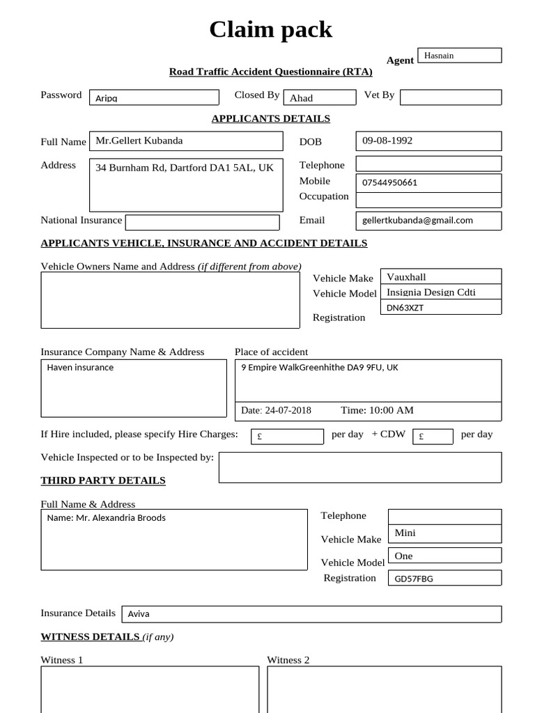 Road Traffic Accident Claim Form | PDF | Vehicles | Transport