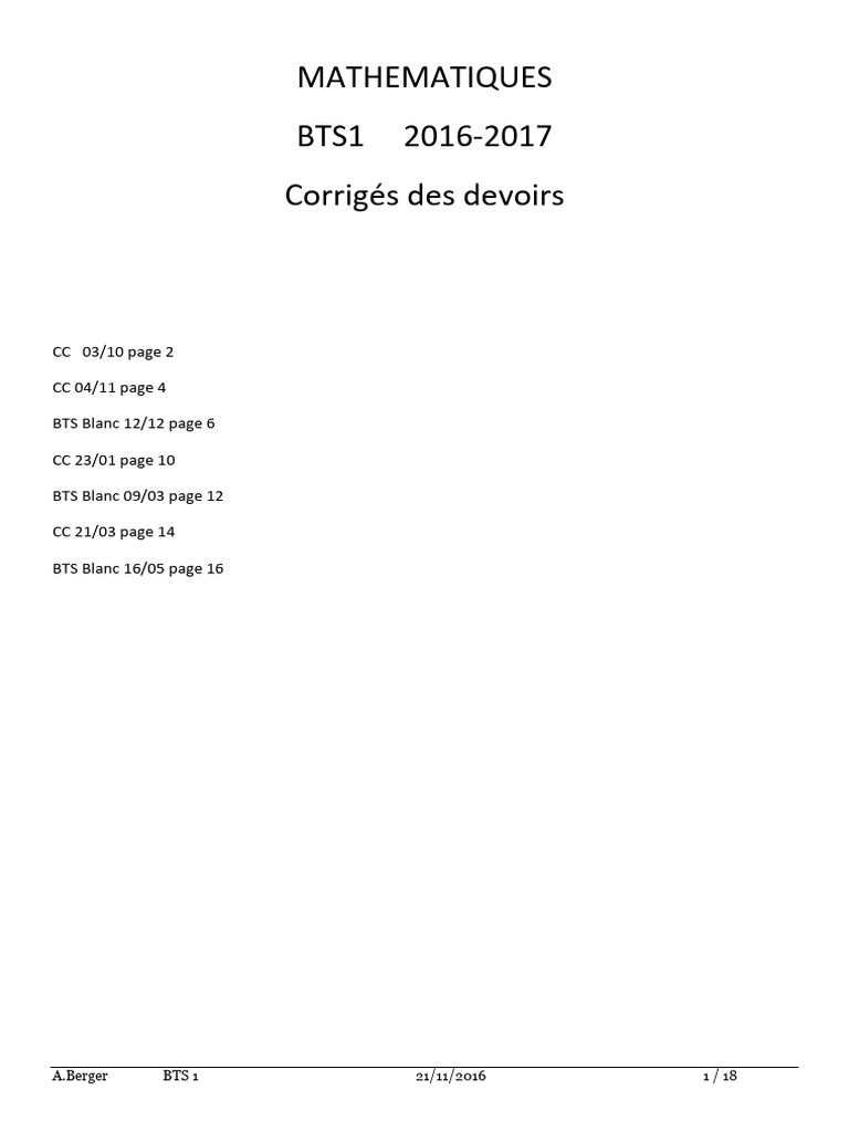Corrigés de Mathématiques BTS 1 2016 | PDF | Ajustement affine | Quartile