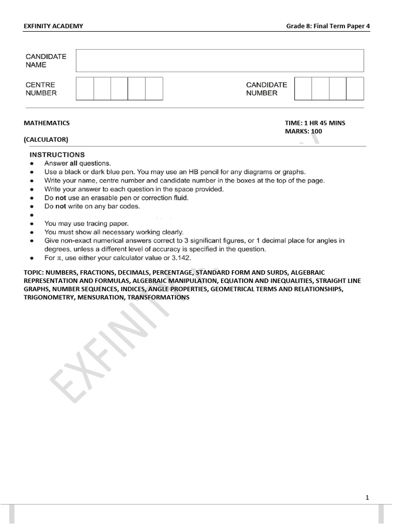 Grade 8 Term 4 Maths Exam Paper 2025 | PDF | Numbers | Elementary ...