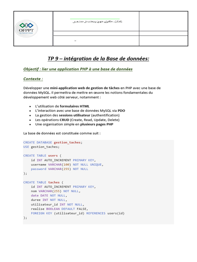 Intégration PHP et MySQL pour gestion de tâches | PDF | PHP | Internet
