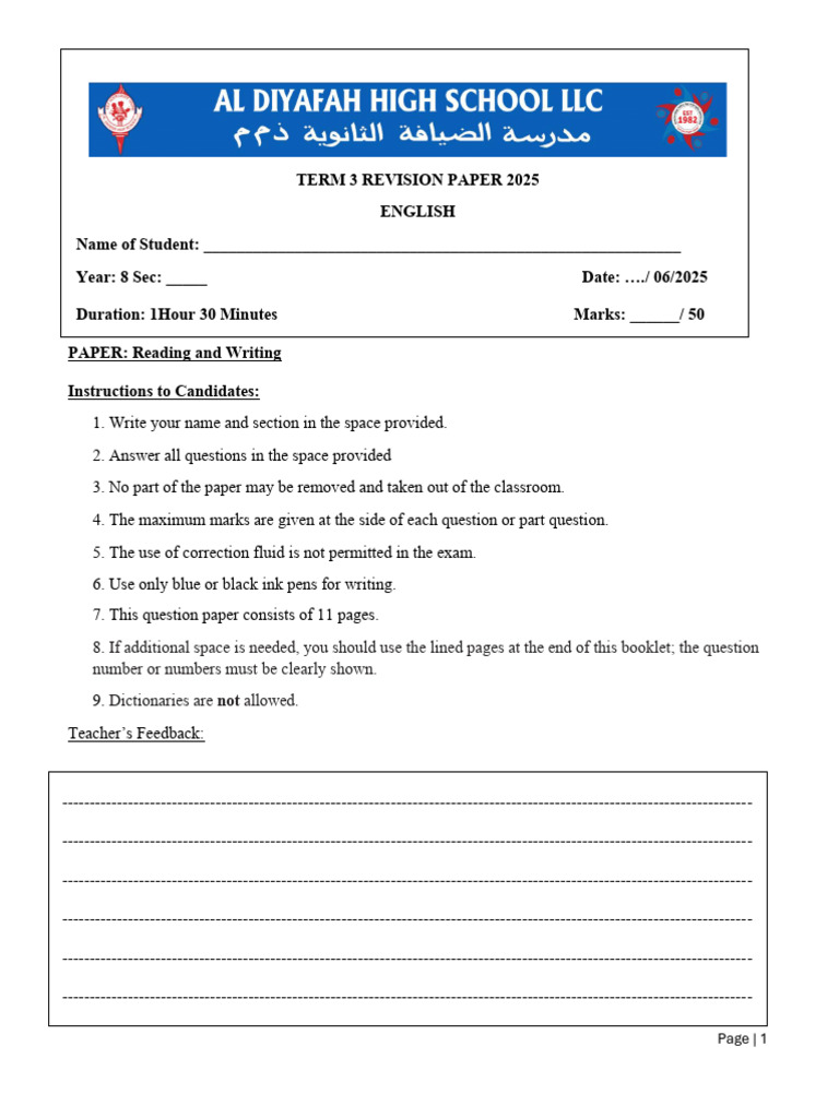 Year 8 English Term 3 Revision Paper | PDF | Diamond | Gemstone