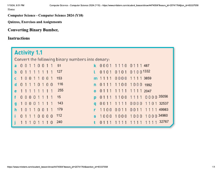 Stem Work Binary To Denary 1 | PDF
