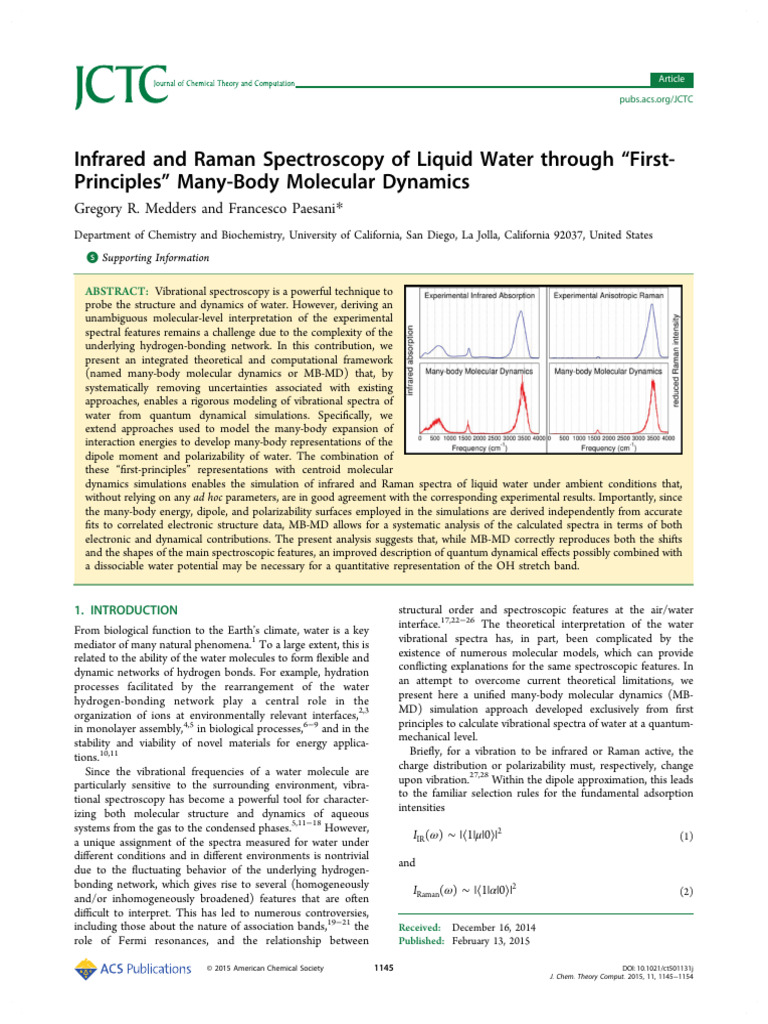 Medders Paesani 2015 Infrared and Raman Spectroscopy of Liquid Water ...