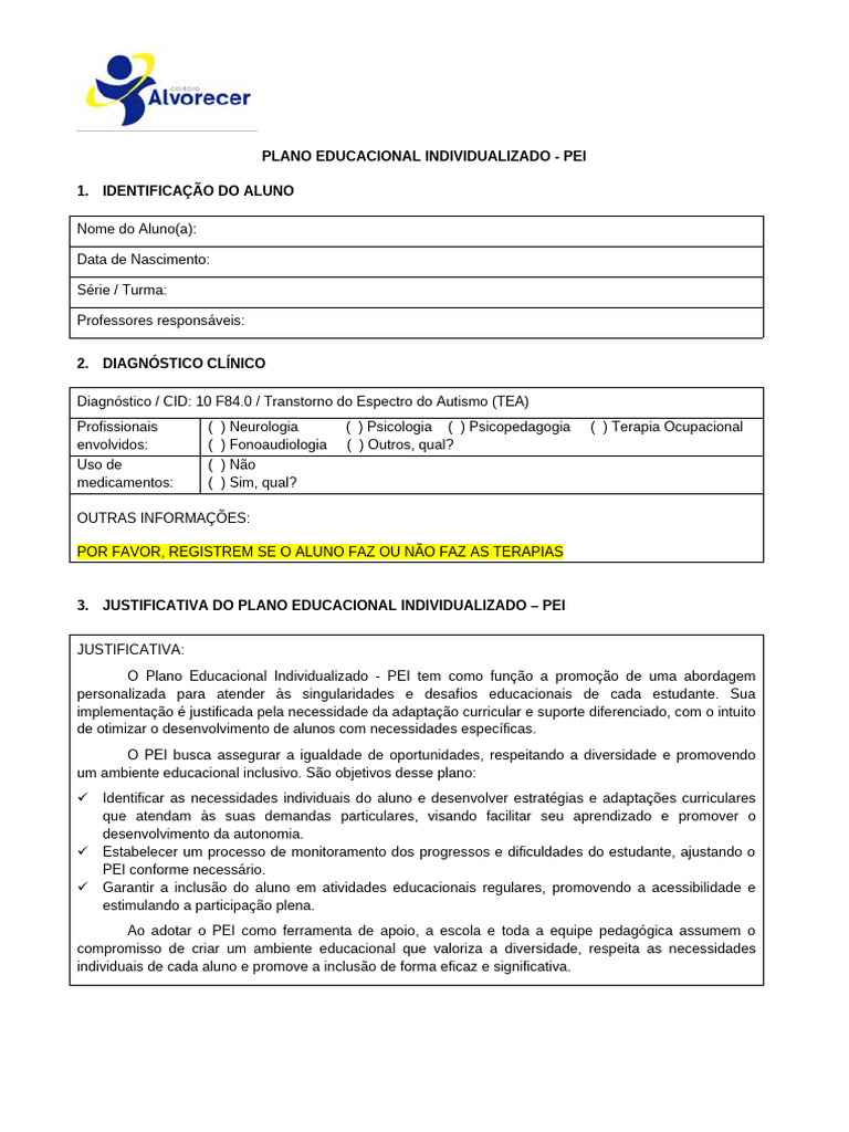 Plano Educacional Individualizado para TEA | PDF | Aprendizado ...