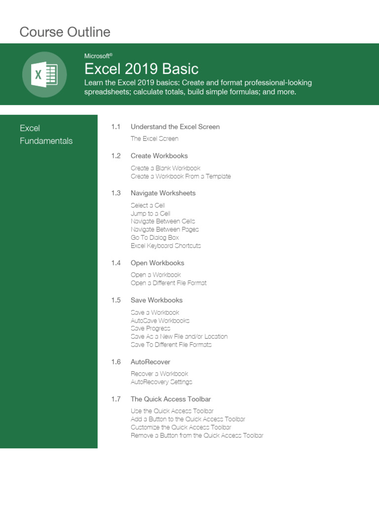 Excel 2019 Beginner Course Outline | PDF | Microsoft Excel | System ...