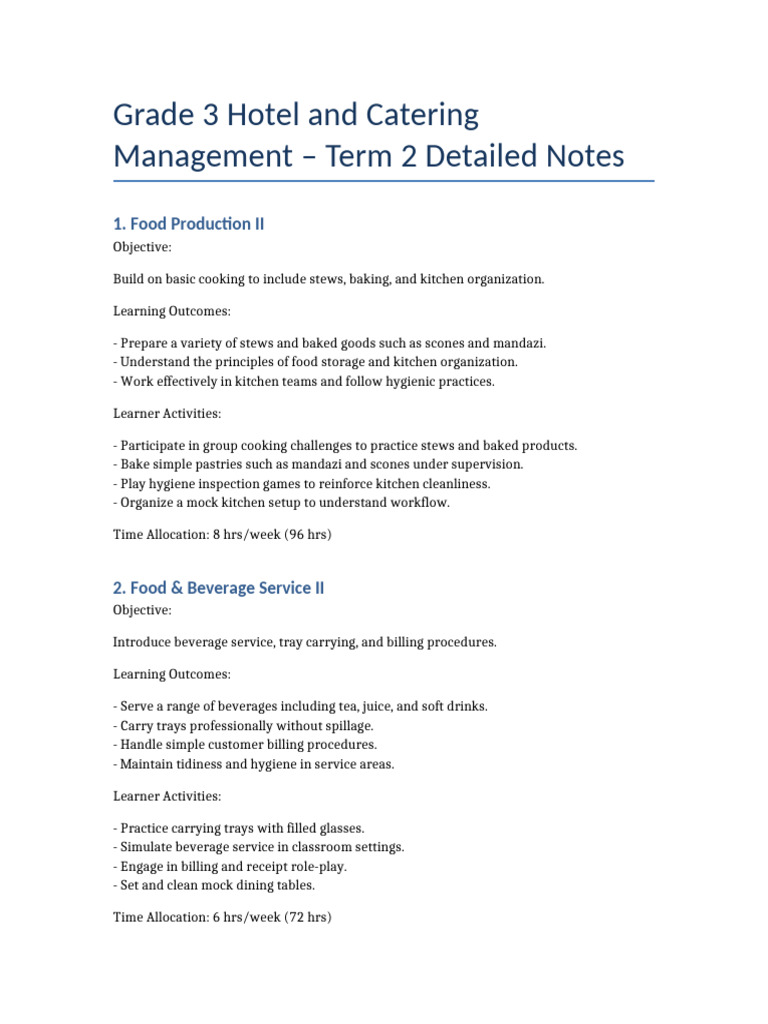 Grade3 Hotel Catering Term2 DetailedNotes New | PDF | Restaurants | Kitchen