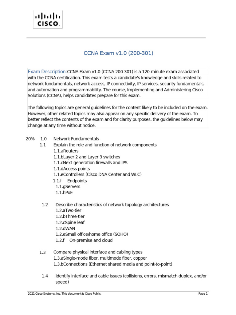 CCNA 200-301 Exam Overview and Topics | PDF | Cisco Certifications | Ip Address