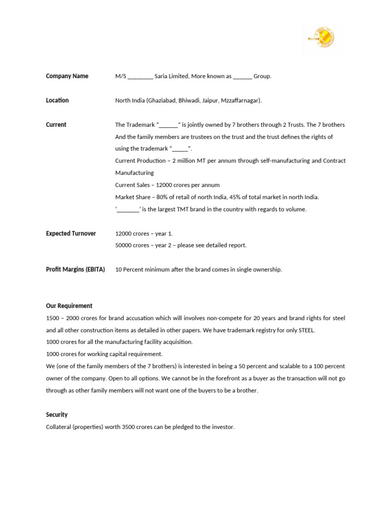Rathi Brand One Pager | PDF | Collateral (Finance) | Business