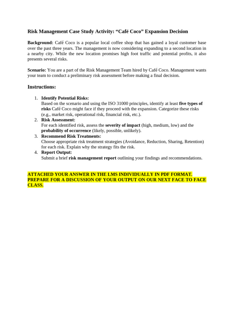 Café Coco Expansion Risk Assessment Report | PDF | Risk | Risk Management
