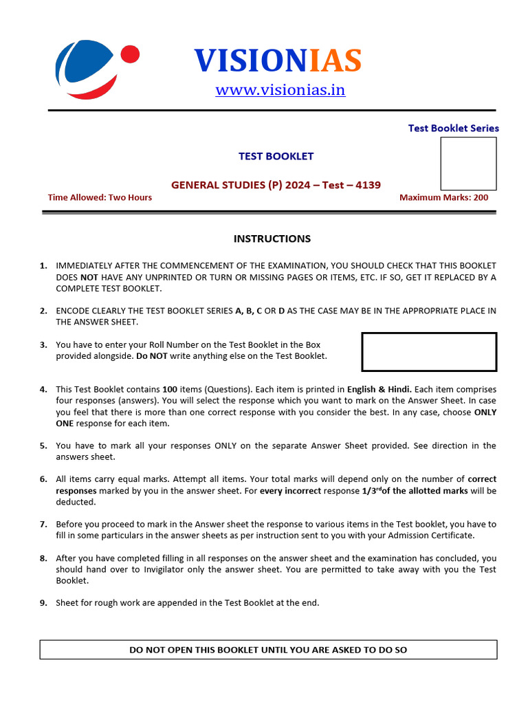 VISION IAS Prelims 2024 Test 14 With Solution in English | PDF ...