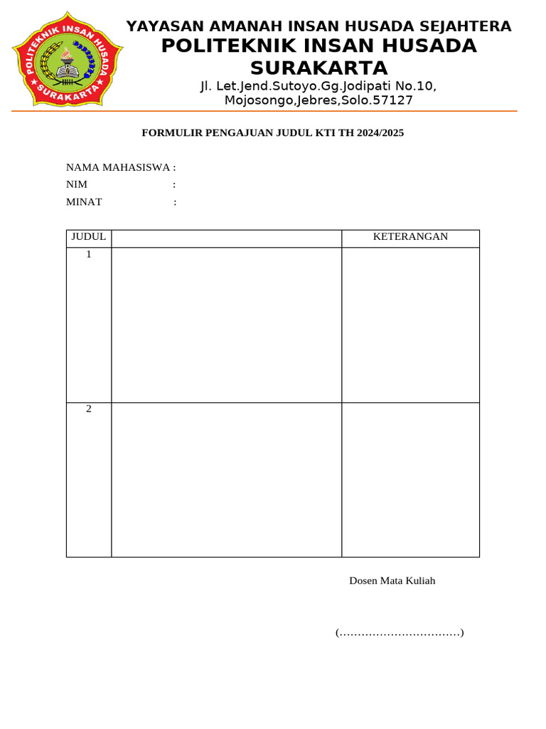 Form Pengajuan Judul KTI | PDF