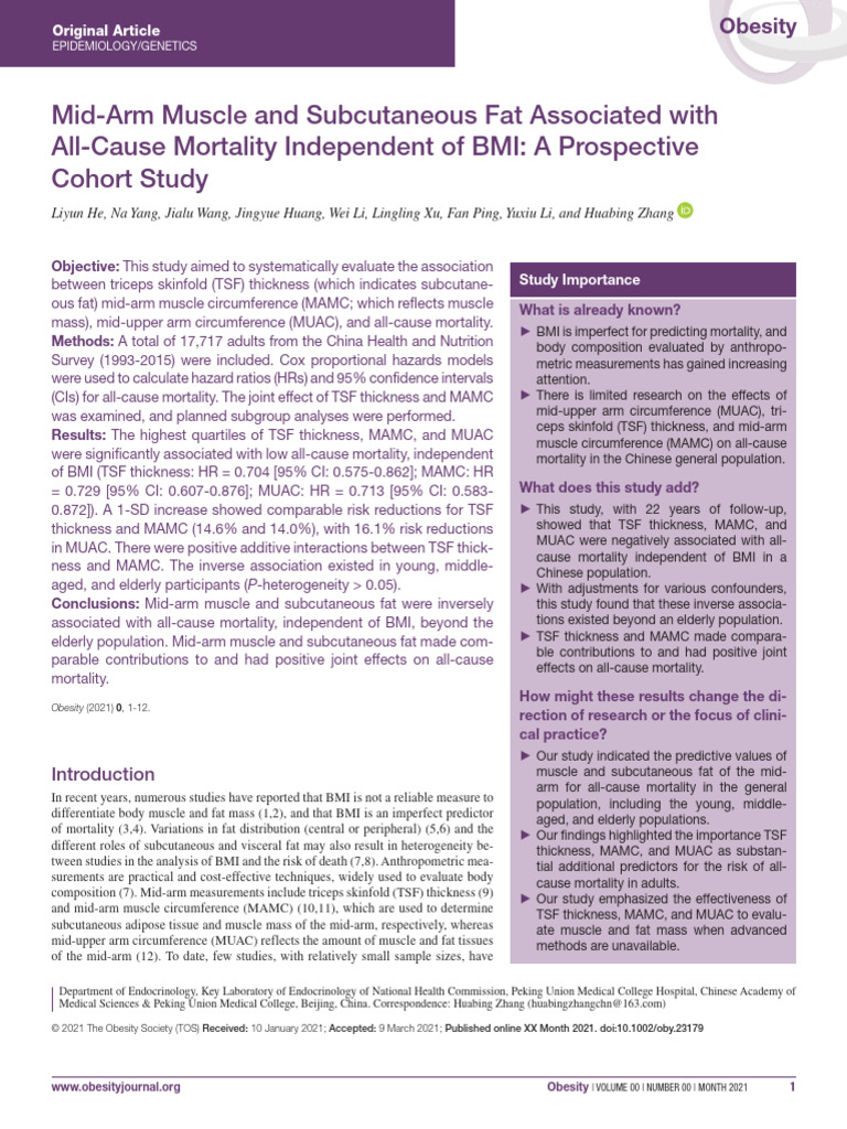 Mid-Arm Muscle, Fat & Mortality Study | PDF