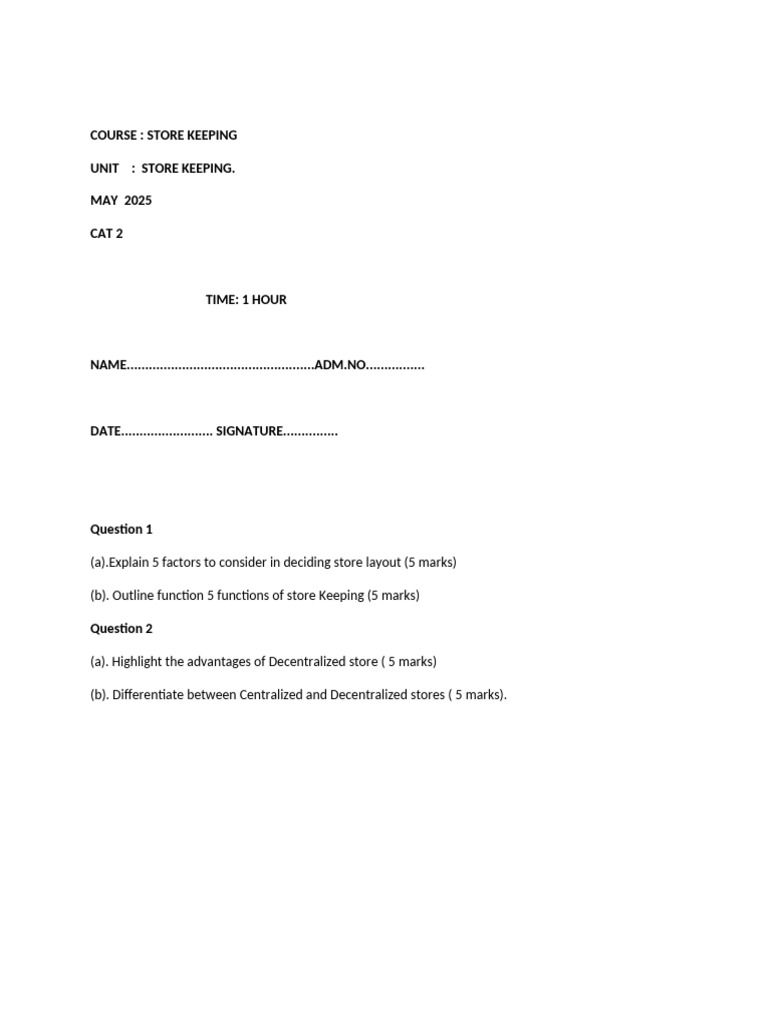 Store Keeping Course Exam Guide | PDF