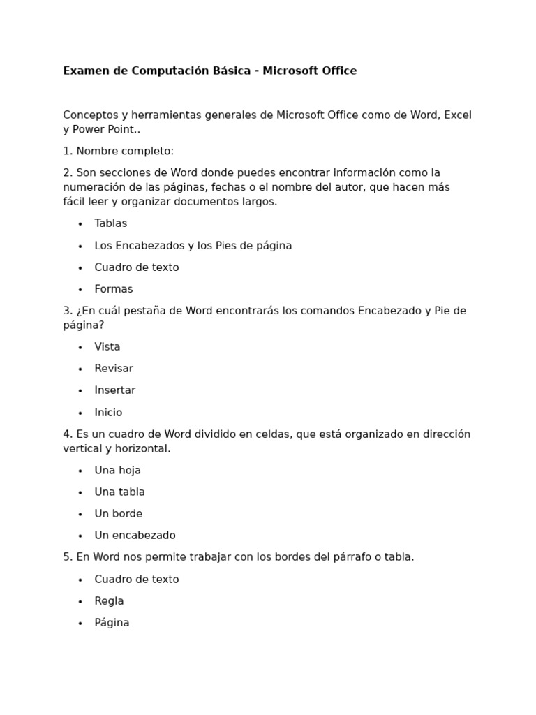 Examen de Microsoft Office Básico | PDF | Microsoft Word | Microsoft Excel
