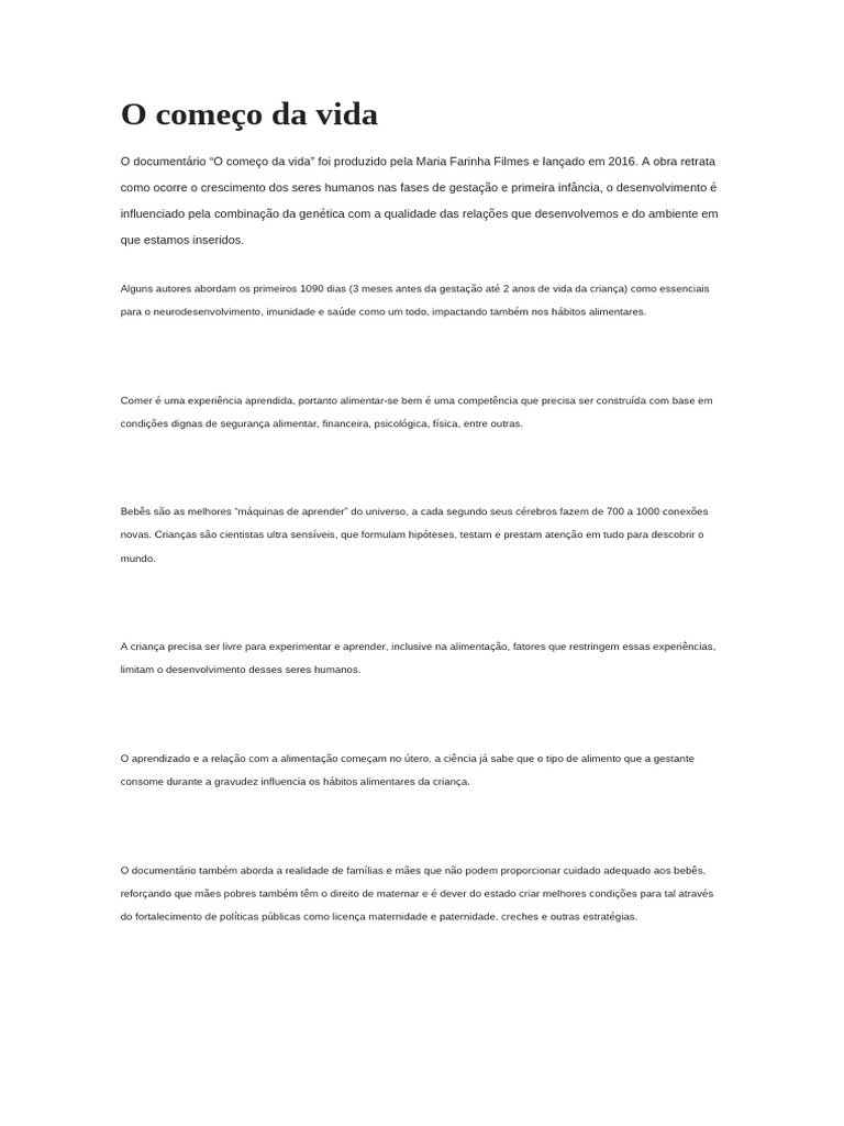 O começo da vida | PDF | Amamentação | Humano