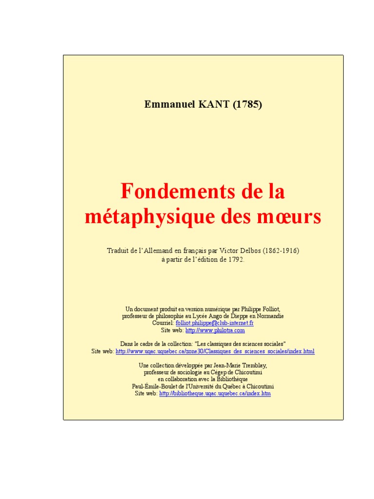 Fondements de La Métaphysique Des Moeurs PDF