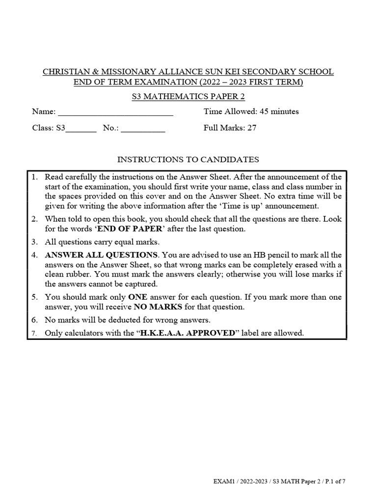 S3 Mathematics Exam Paper 2 2022-2023 | PDF | Area | Euclidean Geometry