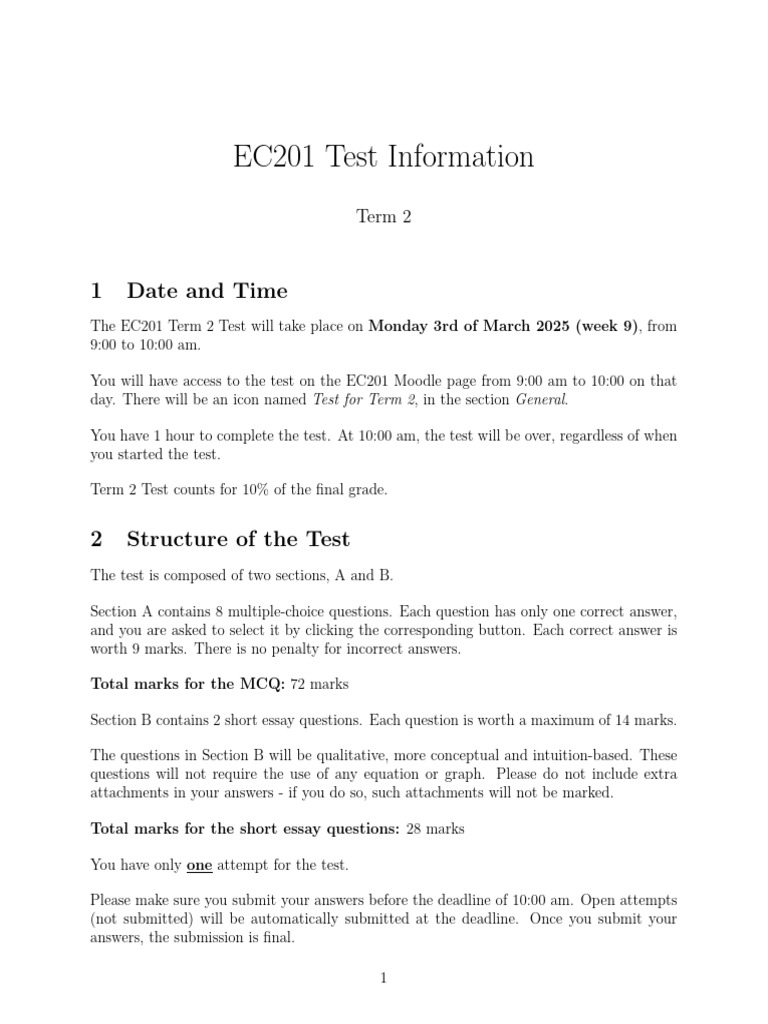 EC201 Test Information Term 2 2025 | PDF | Multiple Choice