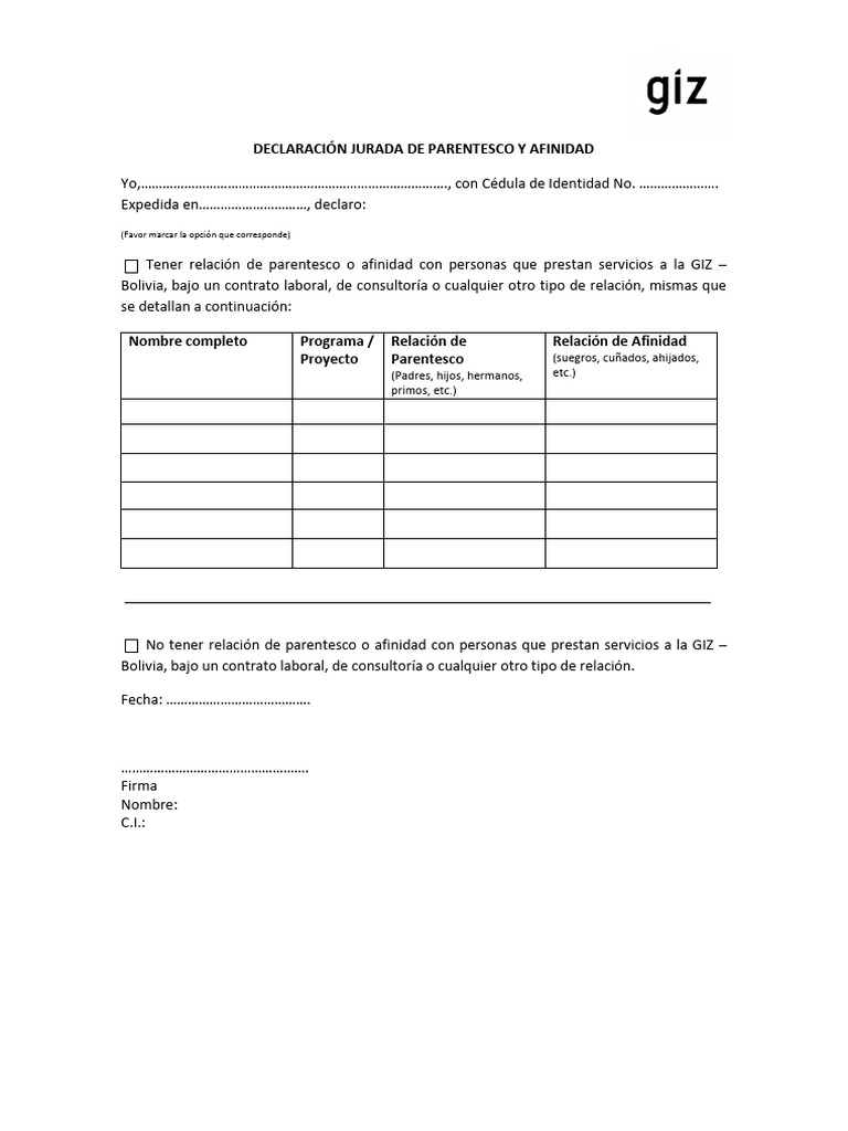 Declaración Jurada de Parentesco GIZ | PDF