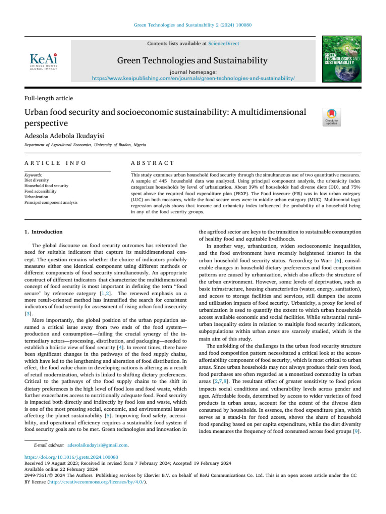 Green Technologies and Sustainability | PDF | Food Security | Principal ...