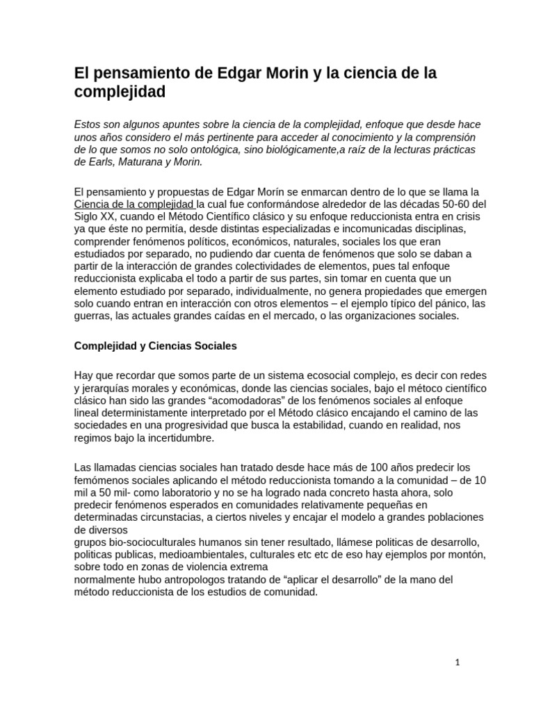 Edgar Morin y la Ciencia de la Complejidad | PDF | Complejidad ...