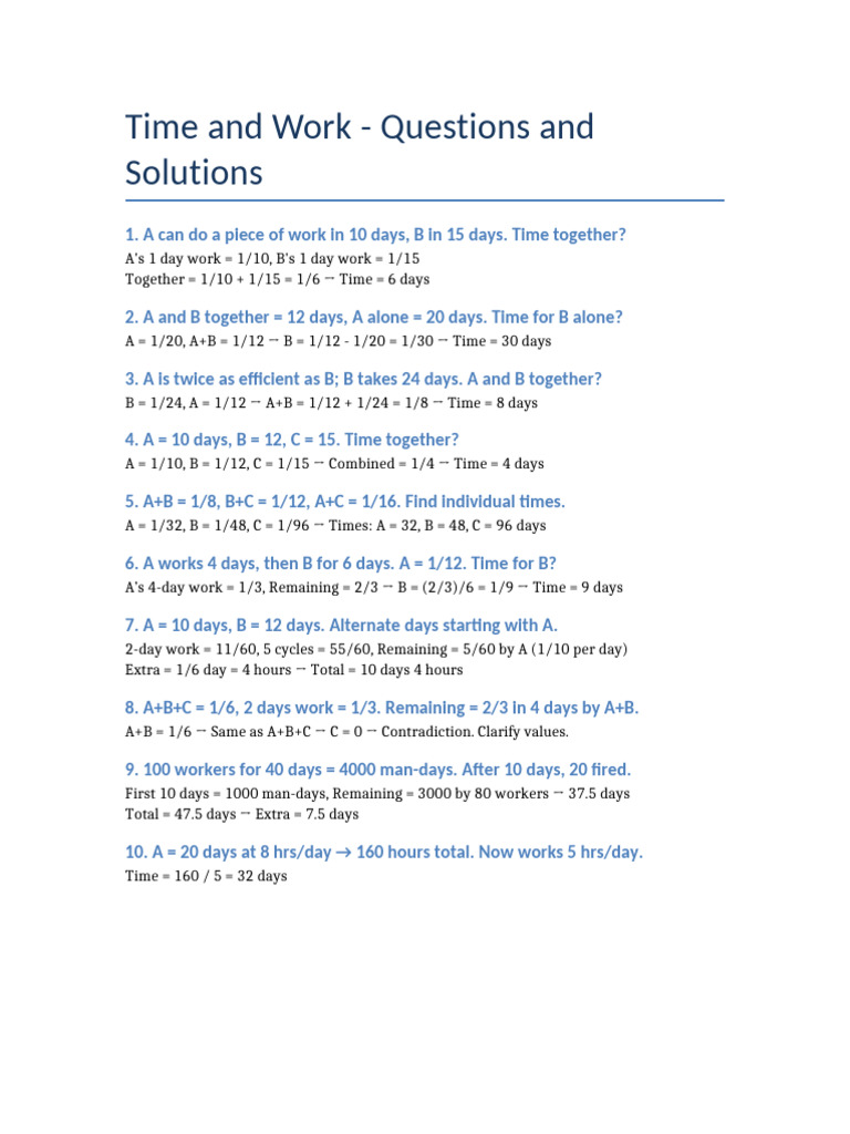 Time and Work Problems with Solutions | PDF