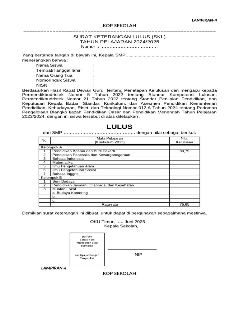 Surat Keterangan Lulus SMP 2024/2025 | PDF