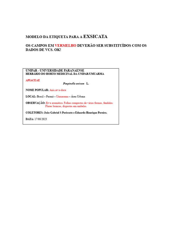 Modelo de Etiqueta para Exsicata | PDF