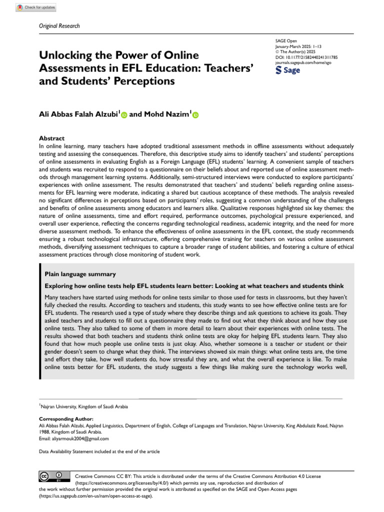 EFL Online Assessments: Perceptions Explored | PDF | Cronbach's Alpha ...