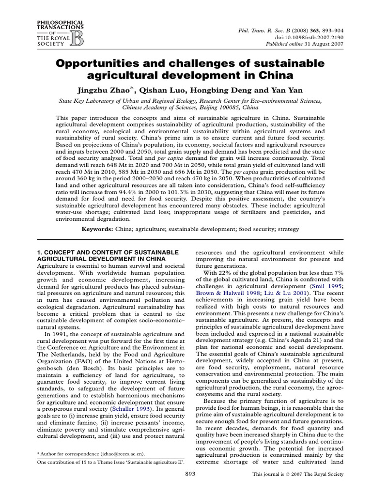 Sustainable Agriculture in China: Challenges & Opportunities | PDF ...