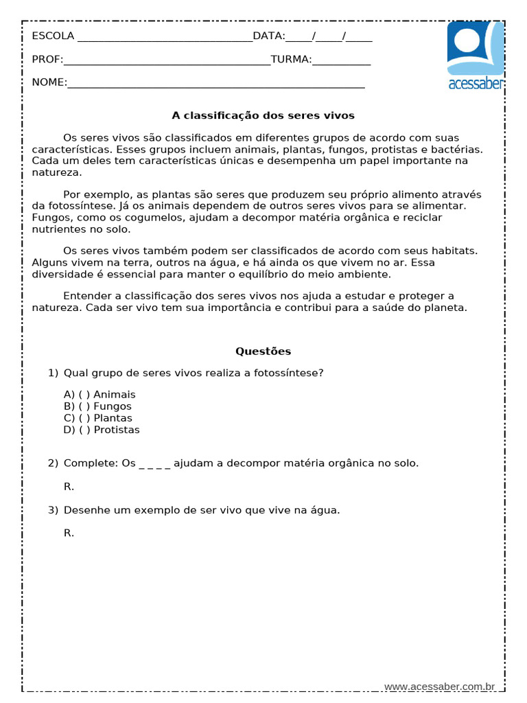 Classificação dos Seres Vivos para 4º Ano | PDF