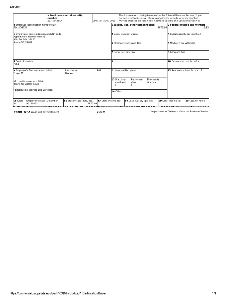 2019 W-2 Form for Trevor Sawyer | PDF | Social Security (United States ...