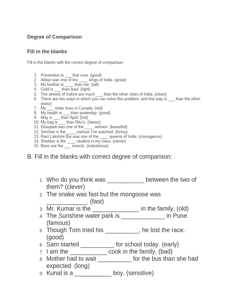 Class 7 Degrees of Comparison Worksheet | PDF