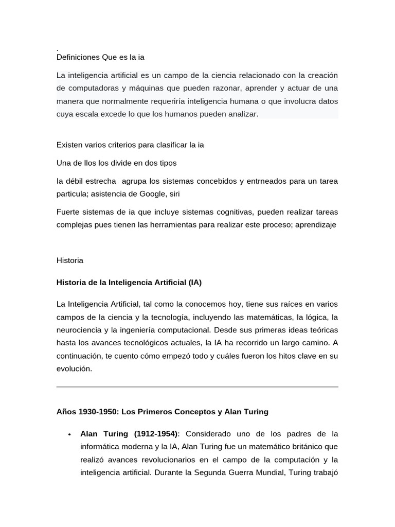 Historia y Funcionamiento de la IA | PDF | Inteligencia artificial ...