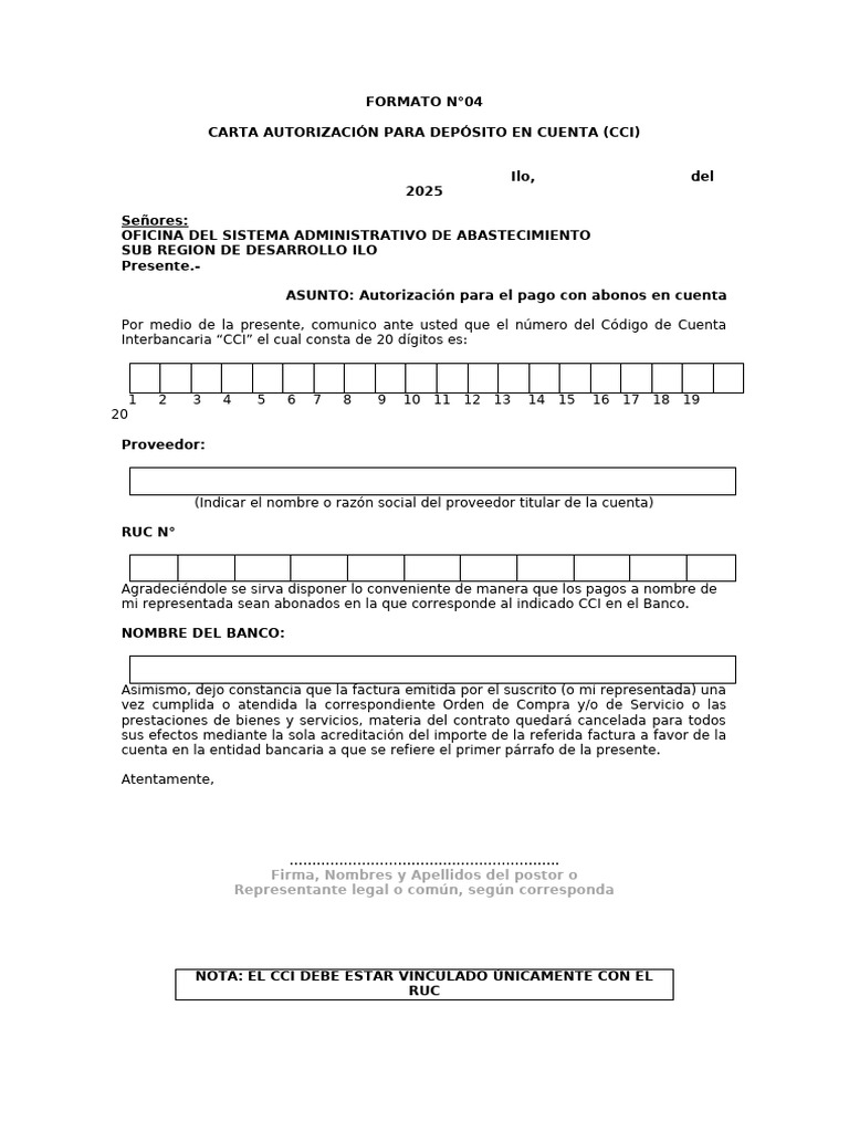 Carta de Autorización CCI para Depósitos | PDF