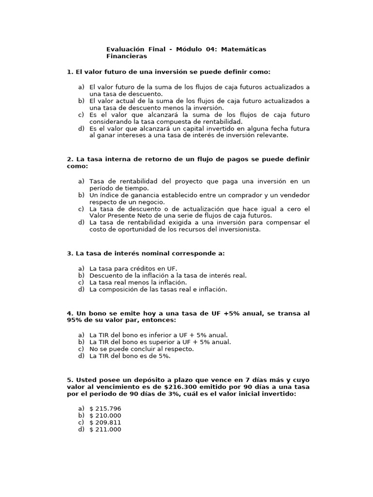 Evaluación Matemáticas Financieras 2023 | PDF | Tasa interna de retorno ...