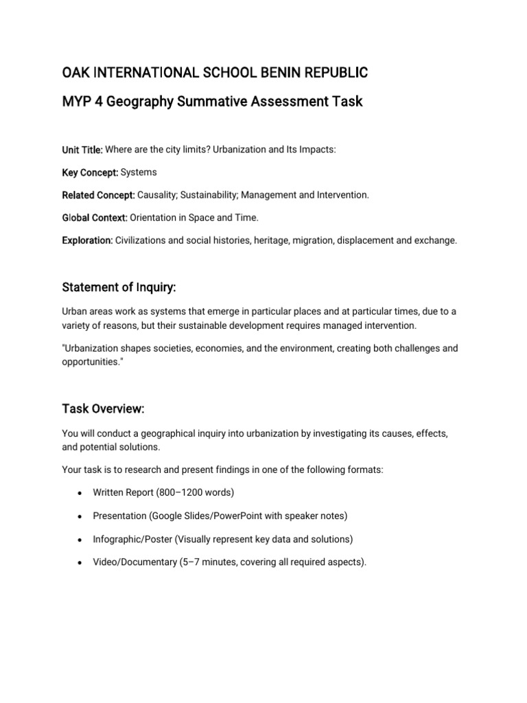 MYP Geography: Urbanization Inquiry Task | PDF | Urbanization ...