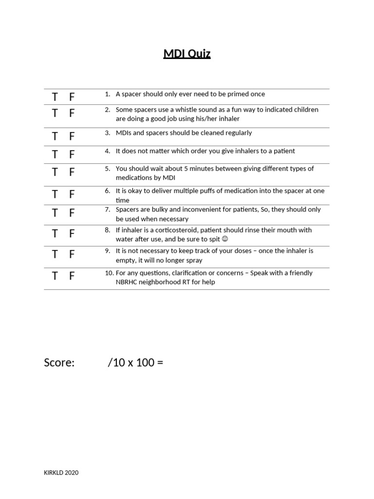 MDI Inhaler Quiz for Patients | PDF
