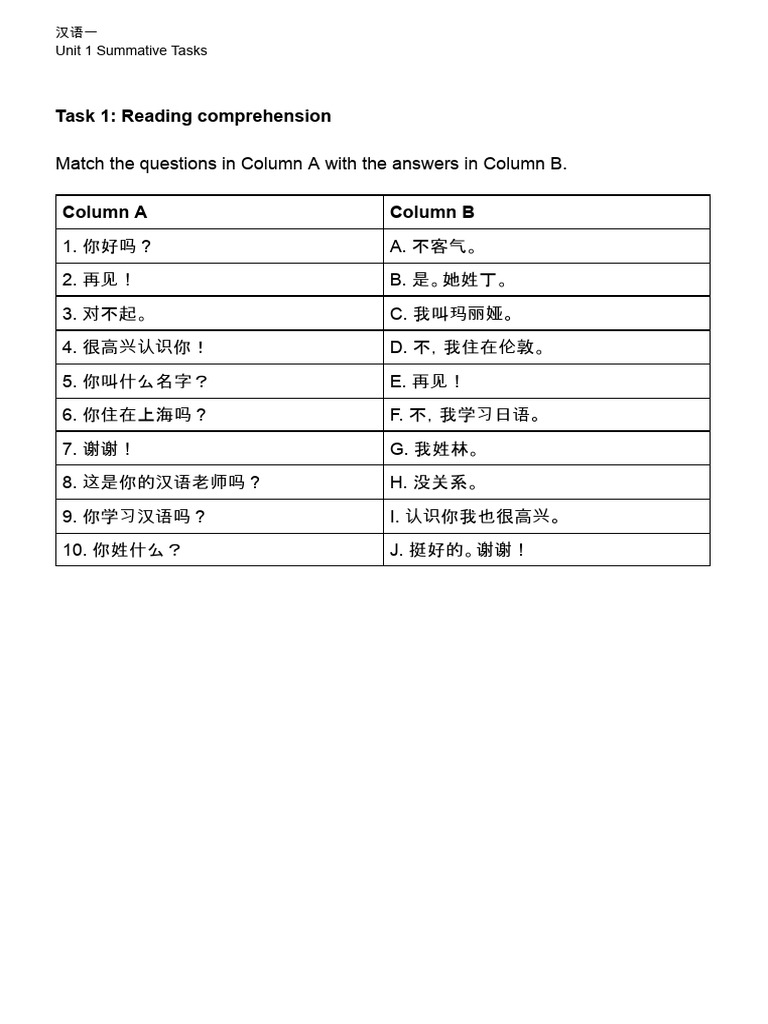 Chinese I U1 Test | PDF