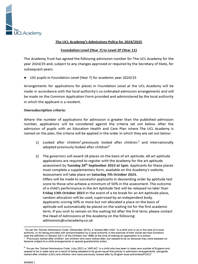 UCL Academy Admissions Policy 2024/25 | PDF | University And College ...