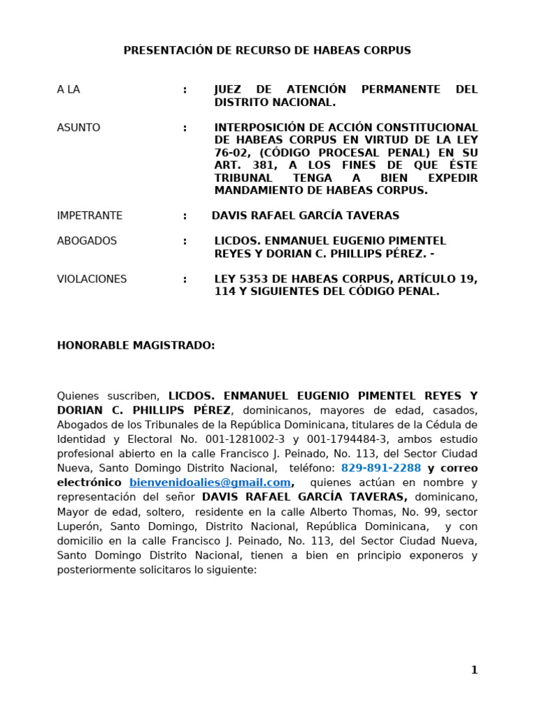 Recurso de Habeas Corpus en RD | PDF | Habeas corpus | Ley Pública