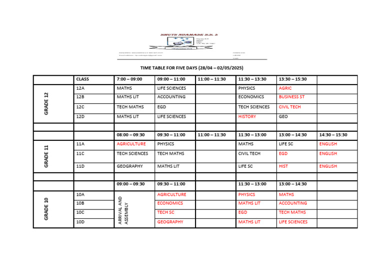 Time Table For Five Days - 250427 - 181745 | PDF